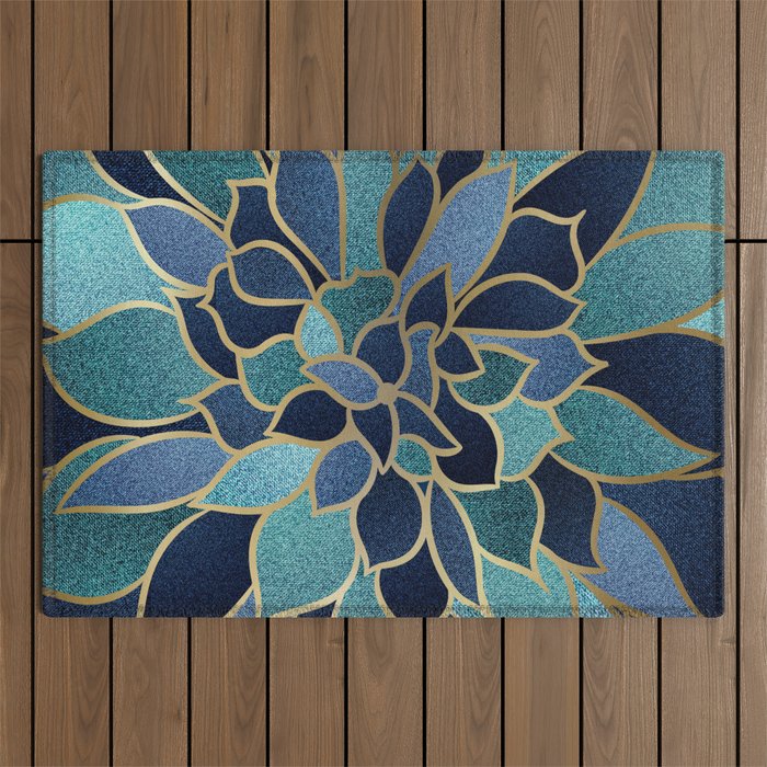 Festive, Floral Prints, Navy Blue, Teal And Gold Outdoor Rug
