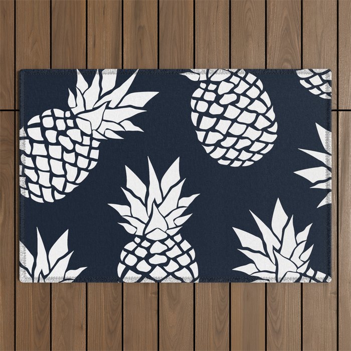 Tropical, Pineapples, Navy Blue Ad White Outdoor Rug