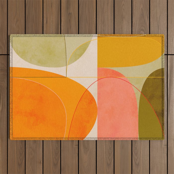 Mid Century Geometric Lines Curry Blush Spring Outdoor Rug