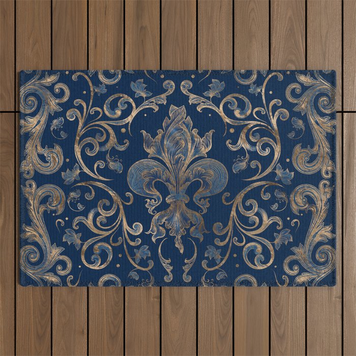 Fleur-De-Lis Ornament Blue Marble And Gold Outdoor Rug