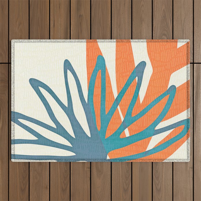 Mid Century Nature Print / Teal And Orange Outdoor Rug