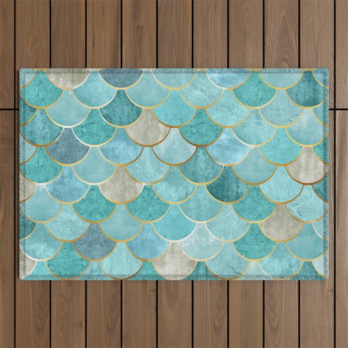 Moroccan Mermaid Fish Scale Pattern, Aqua,Teal Outdoor Rug