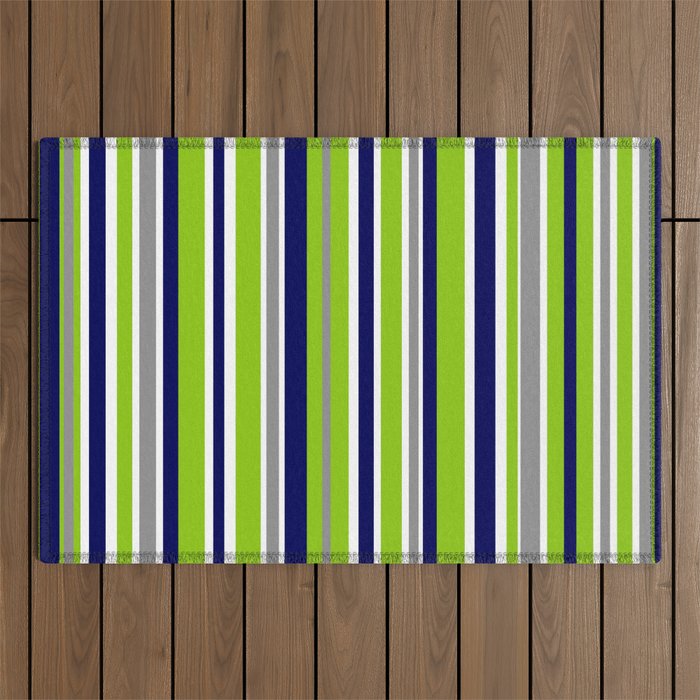 Lime Green Bright Navy Blue Gray And White Vertical Stripes Pattern Outdoor Rug