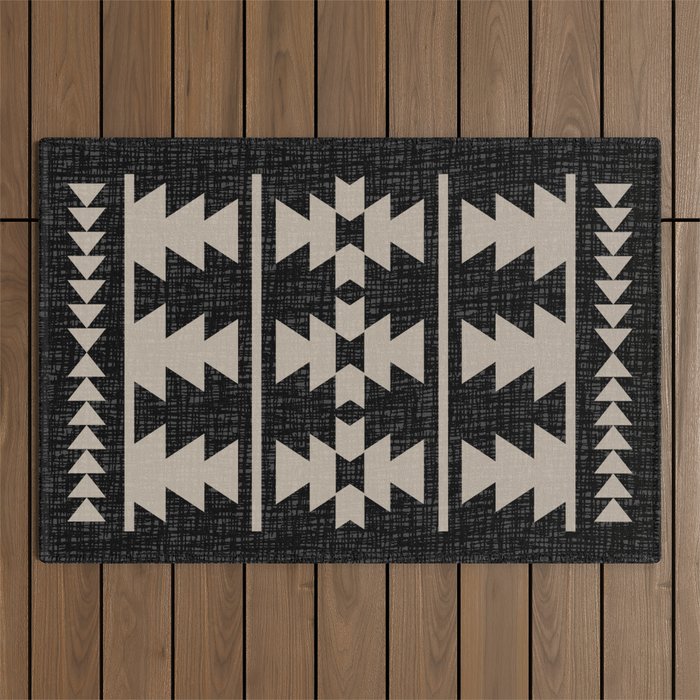 Southwestern Pattern 129 Black And Linen Outdoor Rug