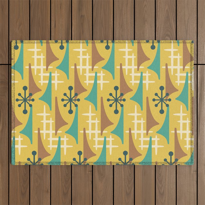 Mid Century Modern Atomic Wing Composition 55 Yellow Brown And Teal Outdoor Rug