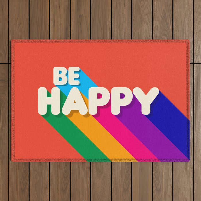 Be Happy - Rainbow Retro Typography Outdoor Rug