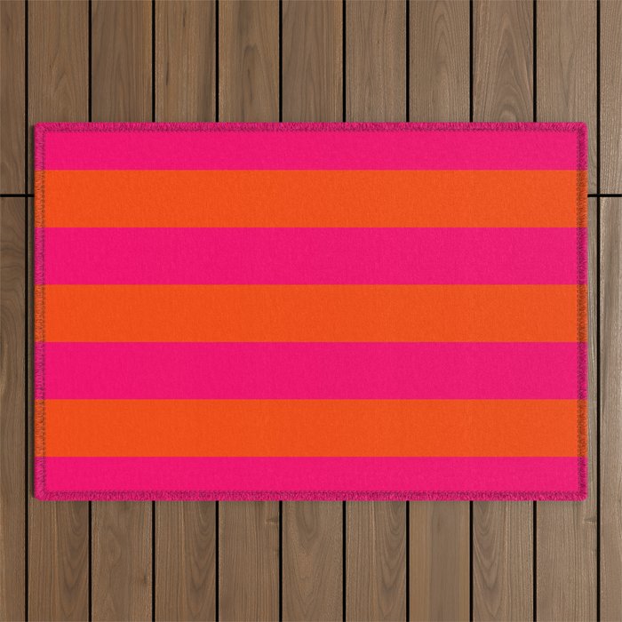 Bright Neon Pink And Orange Horizontal Cabana Tent Stripes Outdoor Rug
