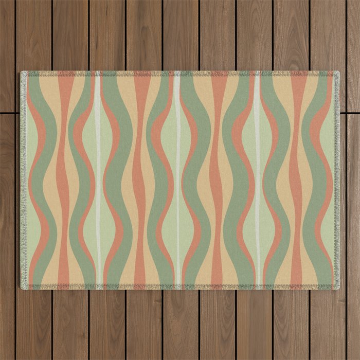 Hourglass Midcentury Modern Abstract Pattern In Sage Green And Apricot Outdoor Rug