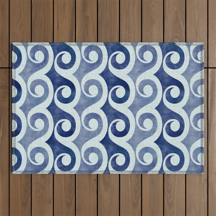 Indigo Geometric Beach Waves Outdoor Rug