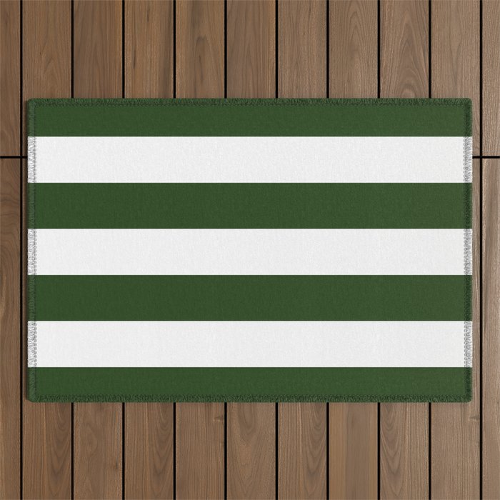 Large Dark Forest Green And White Cabana Tent Stripes Outdoor Rug