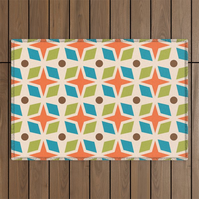 Mid Century Modern Abstract Star Dot Pattern 441 Orange Brown Turquoise Chartreuse Outdoor Rug