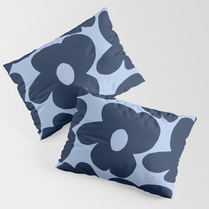 Large Dark Blue Retro Flowers Baby Blue Background #Decor #Homestorie #Buyart Pillow Sham