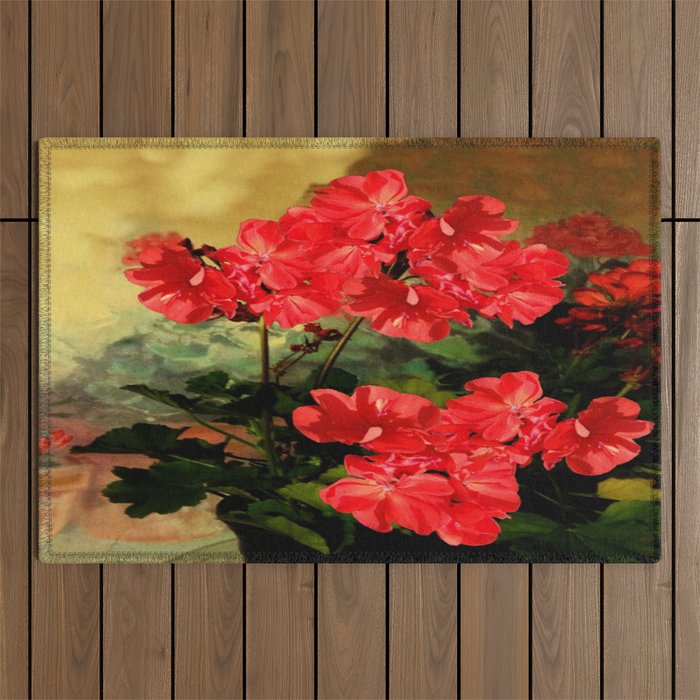 Decorative Red Geraniums  Floral Still Life Art Outdoor Rug