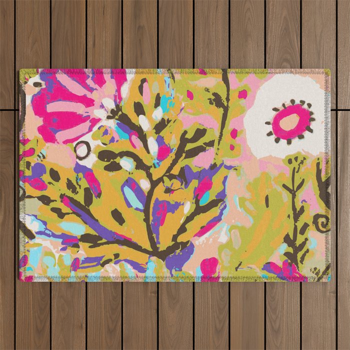 Bohemian Pink Abstract Flowers By Karen Fields Outdoor Rug