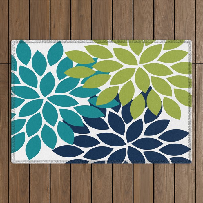 Bold Colorful Teal Green Navy Dahlia Flower Burst Petals Outdoor Rug