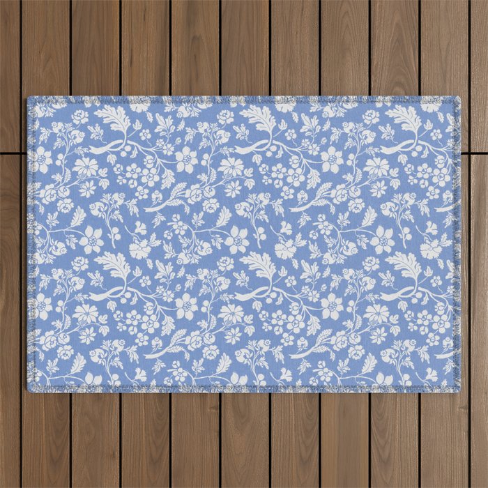 Vintage Style Chintz Florals On Blue Outdoor Rug