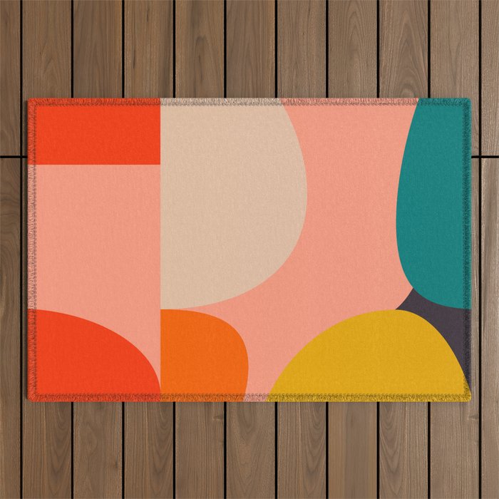 Geometry Shape Mid Century Organic Blush Curry Teal Outdoor Rug