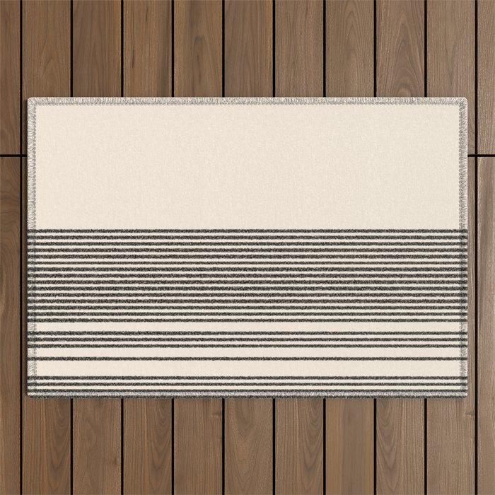 Organic Stripes - Minimalist Textured Line Pattern In Black And Almond Cream Outdoor Rug