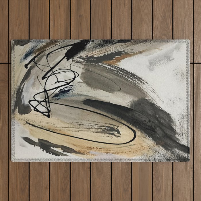 Drift [5]: A Neutral Abstract Mixed Media Piece In Black, White, Gray, Brown Outdoor Rug