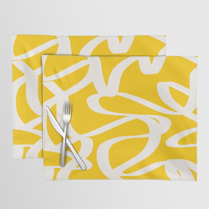 Yellow And White Brush Strokes, Abstract Art, Exhibition Poster, Mid Century Modern Placemat