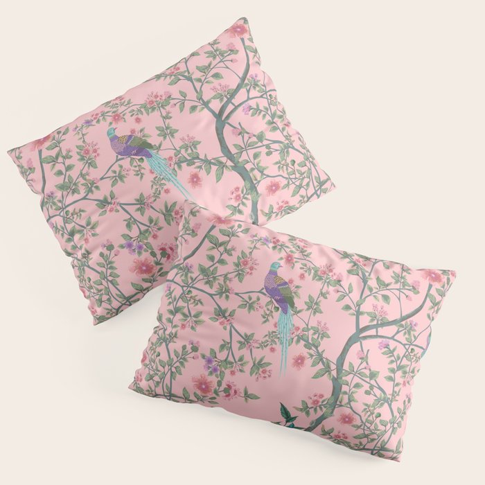 Chinoiserie Pink Fresco Floral Garden Birds Oriental Botanical Pillow Sham