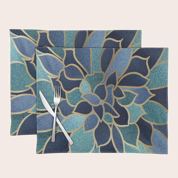 Festive, Floral Prints, Navy Blue, Teal And Gold Placemat