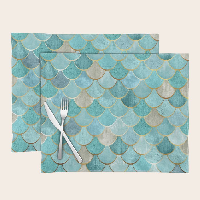 Moroccan Mermaid Fish Scale Pattern, Aqua,Teal Placemat
