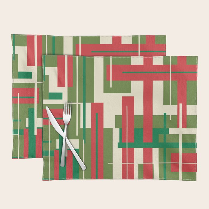 Mid Century Modern Deconstructed Christmas Plaid Pattern In Retro Red, Olive Green, And Xmas Cream Placemat