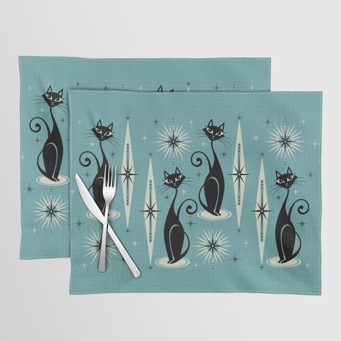 Mid Century Meow Retro Atomic Cats On Blue Placemat