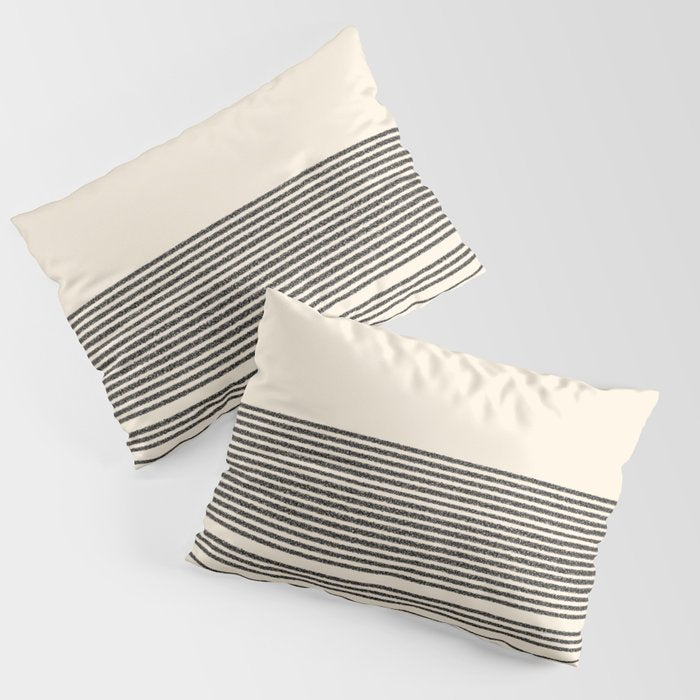 Organic Stripes - Minimalist Textured Line Pattern In Black And Almond Cream Pillow Sham