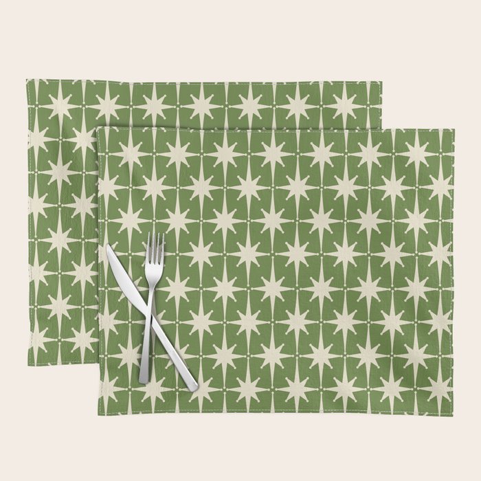 Atomic Age Starbursts - Midcentury Modern Pattern In Cream And Retro Green Placemat