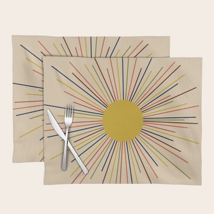 Mid-Century Modern Sunburst - Minimalist Abstract Sun In Mid Mod Mustard, Orange, Olive, Blue, And Beige Placemat
