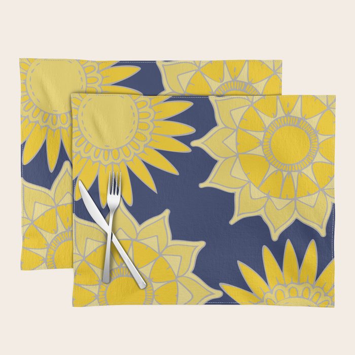 Sunshine Yellow Navy Blue Abstract Floral Mandala Placemat