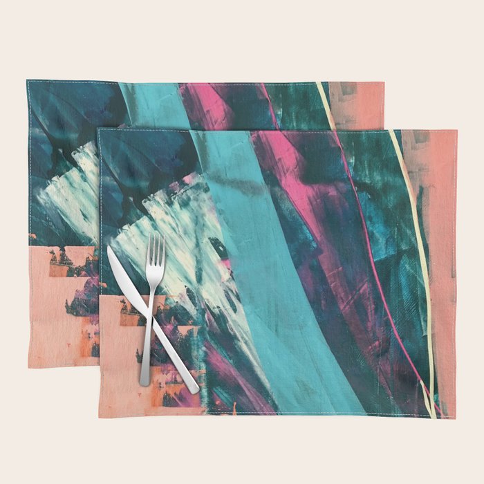 Wild [7]: A Bold, Colorful Abstract Mixed-Media Piece In Teal, Orange, Neon Blue, Pink And White Placemat