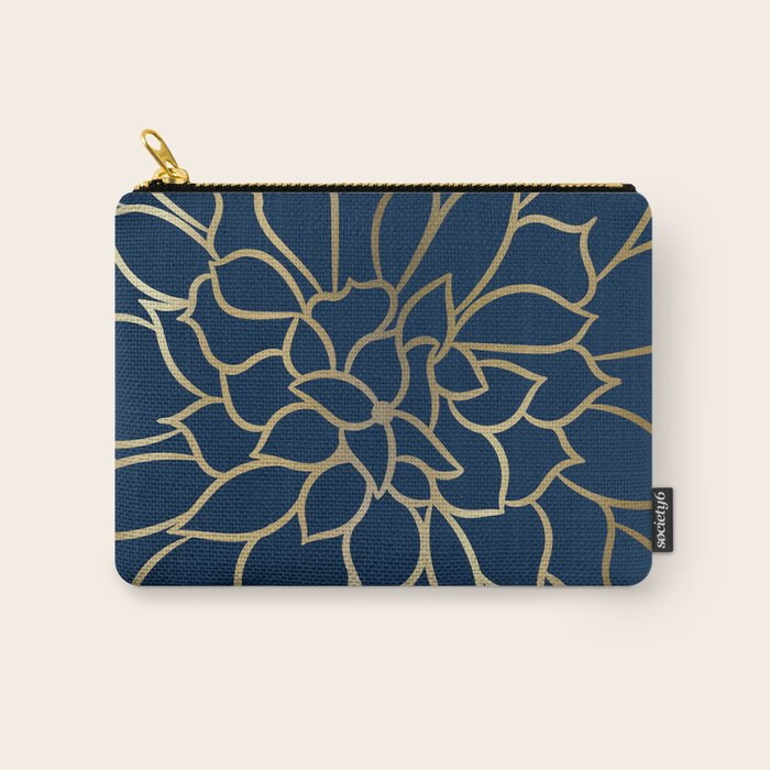 Floral Prints, Line Art, Navy Blue And Gold Carry All Pouch
