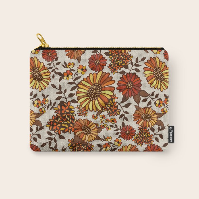 Retro 70s Boho Hippie Orange Flower Power Carry All Pouch