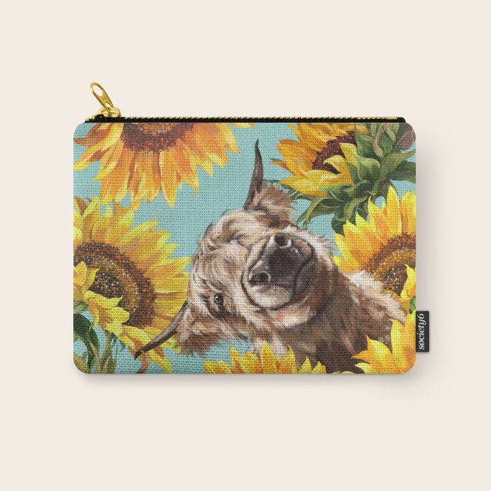 Highland Cow With Sunflowers In Blue Carry All Pouch