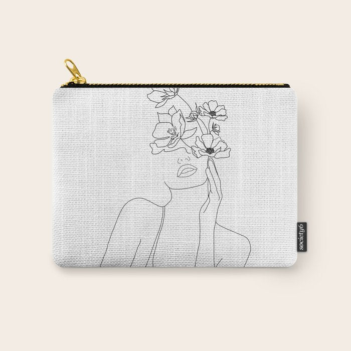 Minimal Line Art Woman With Flowers Carry All Pouch