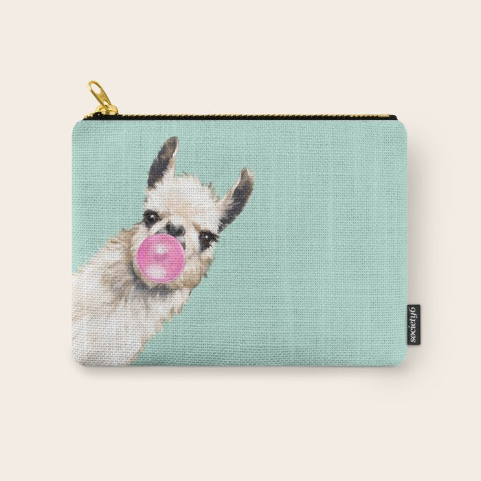 Bubble Gum Sneaky Llama In Green Carry All Pouch