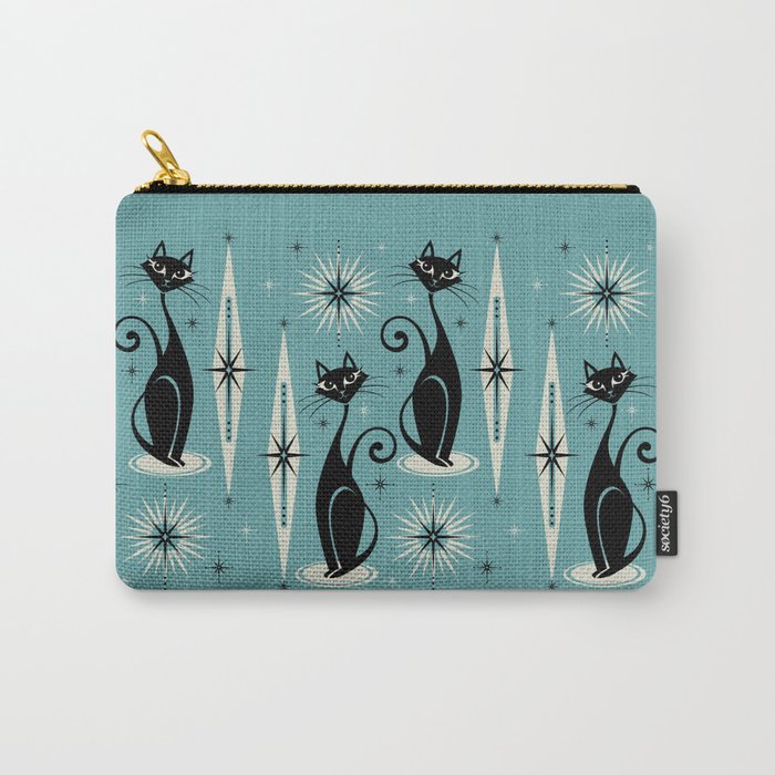 Mid Century Meow Retro Atomic Cats On Blue Carry All Pouch