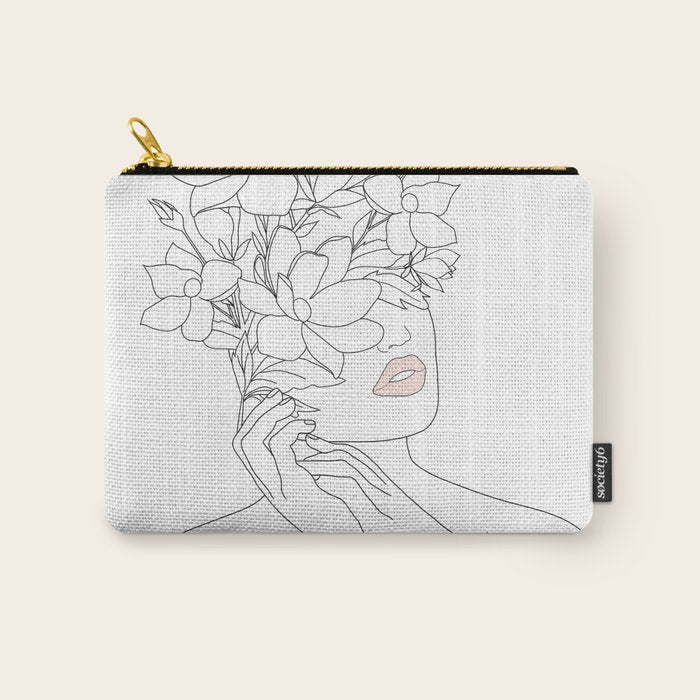 Minimal Line Art Woman With Magnolia Carry All Pouch