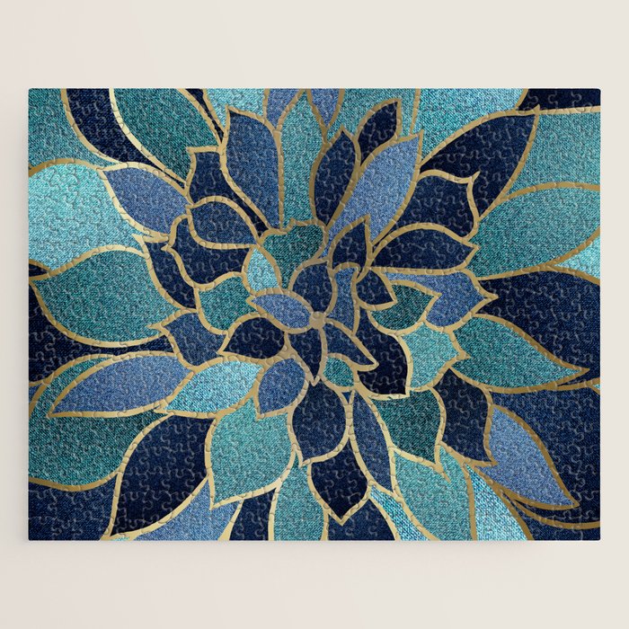 Festive, Floral Prints, Navy Blue, Teal And Gold Jigsaw Puzzle