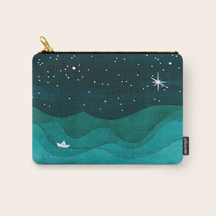 Starry Ocean, Teal Sailboat Watercolor Sea Waves Night Carry All Pouch