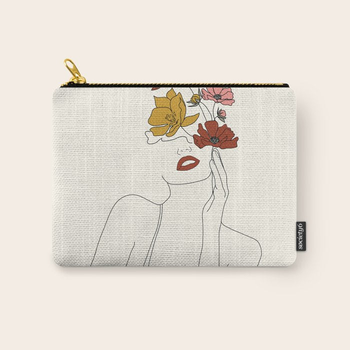 Colorful Thoughts Minimal Line Art Woman With Flowers Carry All Pouch
