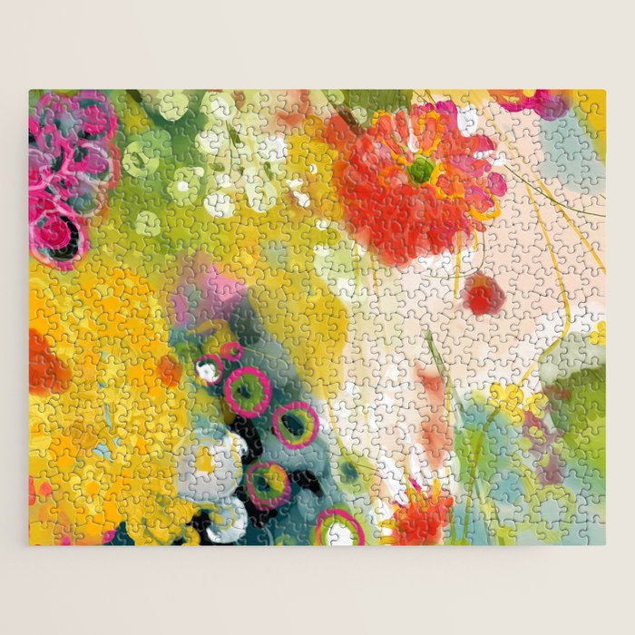 Abstract Floral Art In Yellow Green And Rose Magenta Colors Jigsaw Puzzle