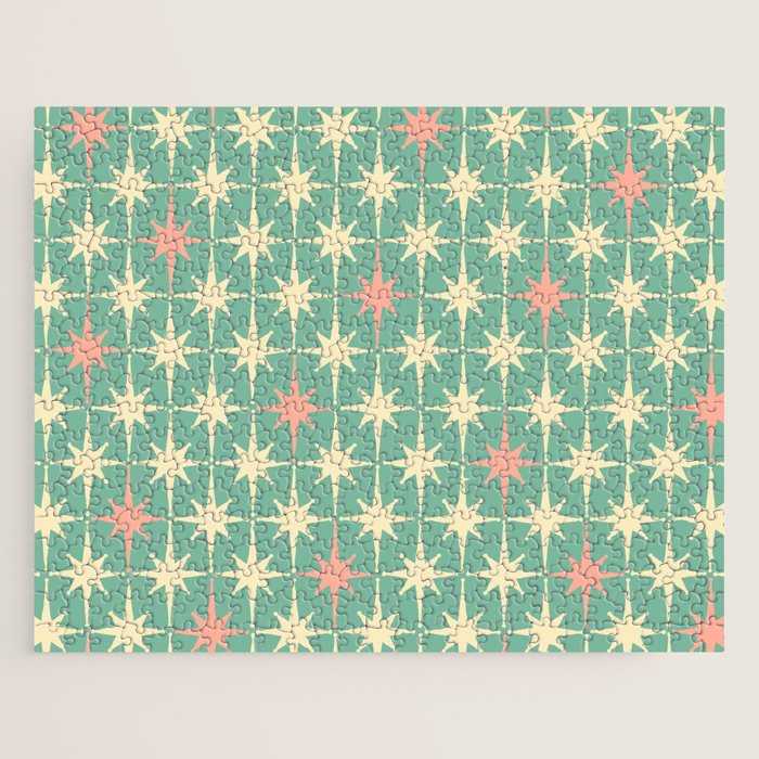 Retro Vintage 50s Stars Pattern In Teal Mint, Pink, And Cream Jigsaw Puzzle