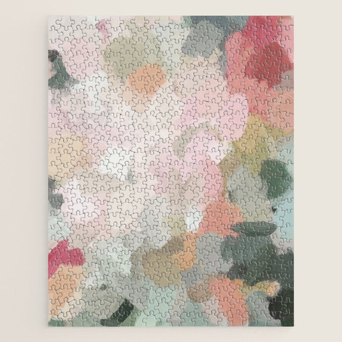 Time To Bloom - Forest Green Fuchsia Blush Pink Abstract Flower Spring Painting Art Jigsaw Puzzle