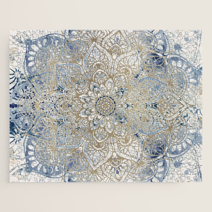 Mandala Flower, Blue And Gold, Floral Prints Jigsaw Puzzle