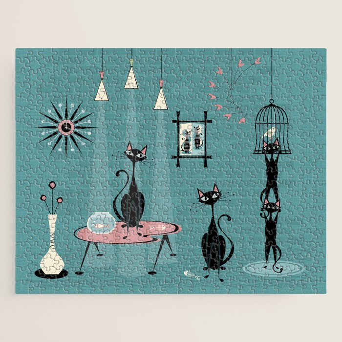 Mid Century Kitty Mischief - ©Studioxtine Jigsaw Puzzle