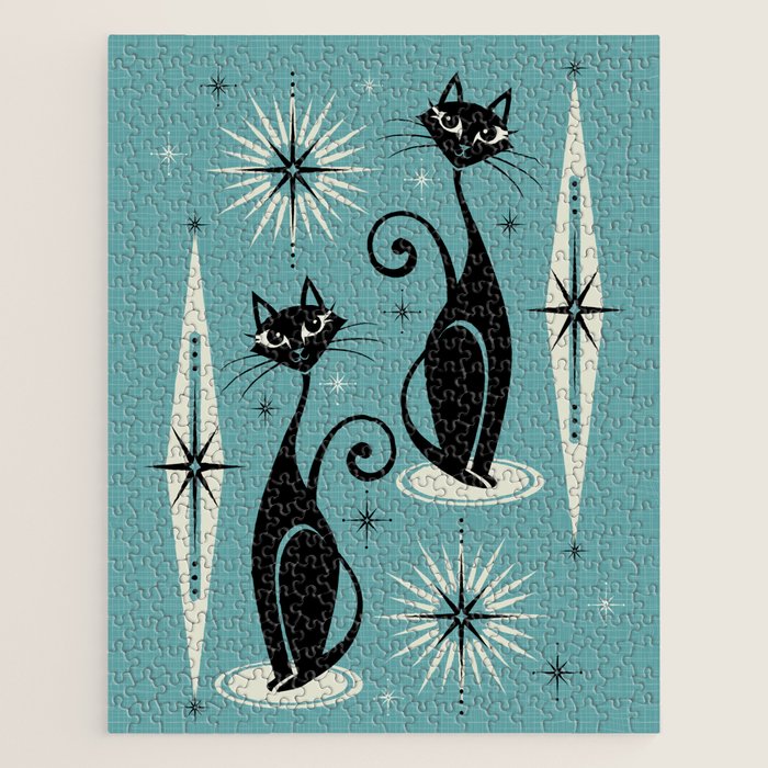 Mid Century Meow Retro Atomic Cats On Blue Jigsaw Puzzle